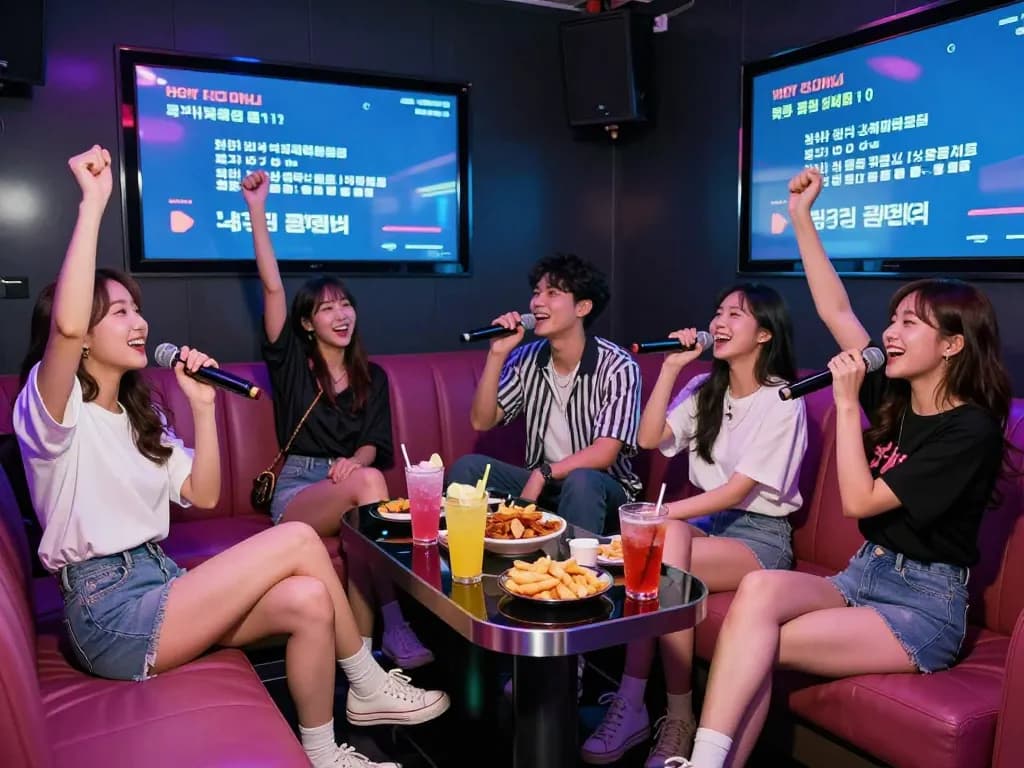 활기 넘치는 분위기와 다채로운 조명 속에서 부평쓰리노에서 노래방을 즐기는 신나는 그룹.