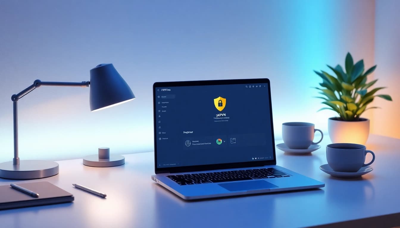 快连VPN interface displayed on a modern laptop in a serene workspace, symbolizing easy and secure internet access.