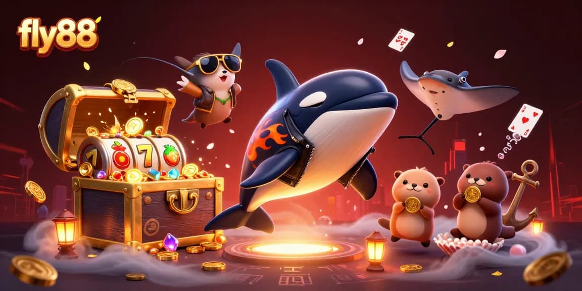 Experience the excitement of fly88 with lively sea creatures celebrating jackpots and floating casino elements.