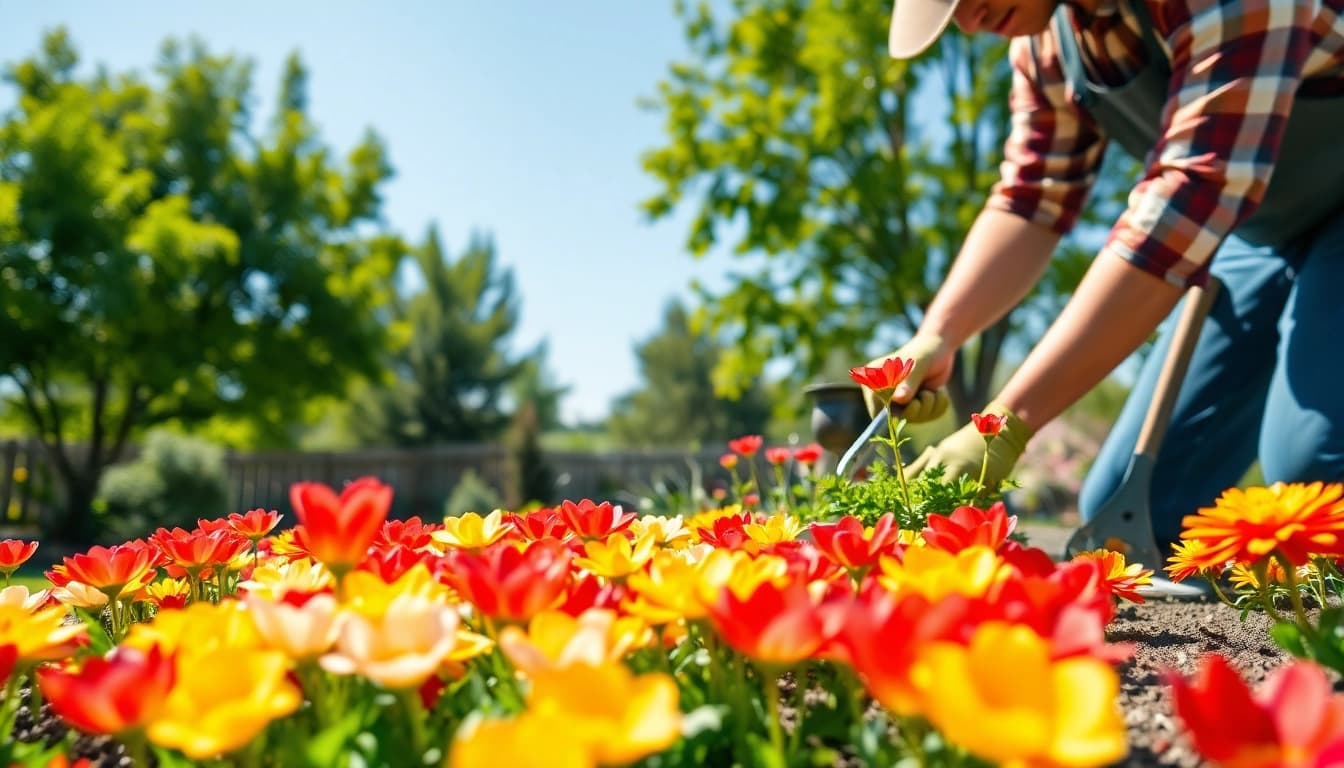 Gardening scene showcasing a gardener attending to vibrant flowers in a sunny backyard.