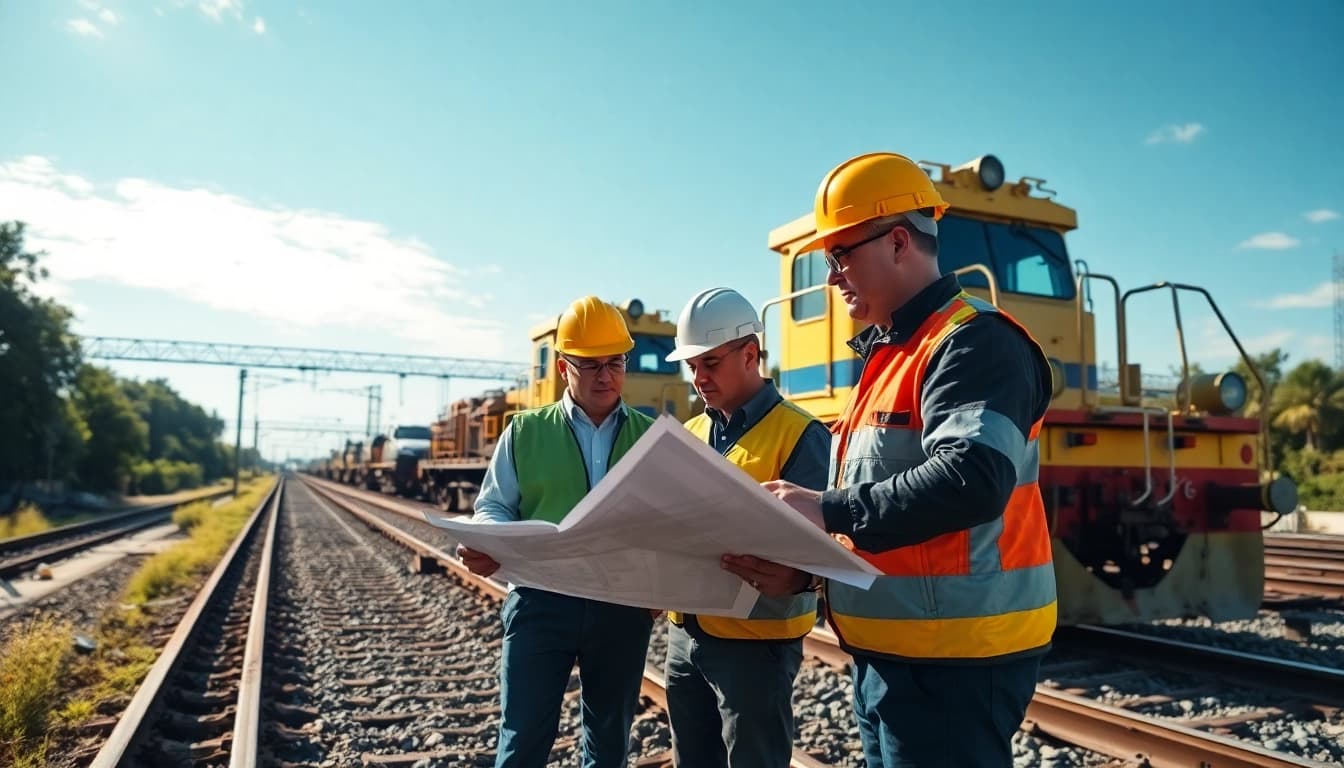 Collaborating engineers on an OWS rail project, surrounded by machinery, showcasing teamwork.