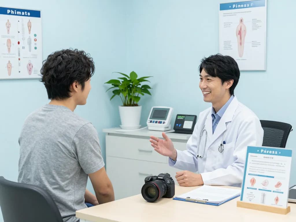 友好的な医師が包茎治療の選択肢について話し合っている相談の場面で、専門的な医療環境におけるおすすめ包茎クリニックを強調しています。
