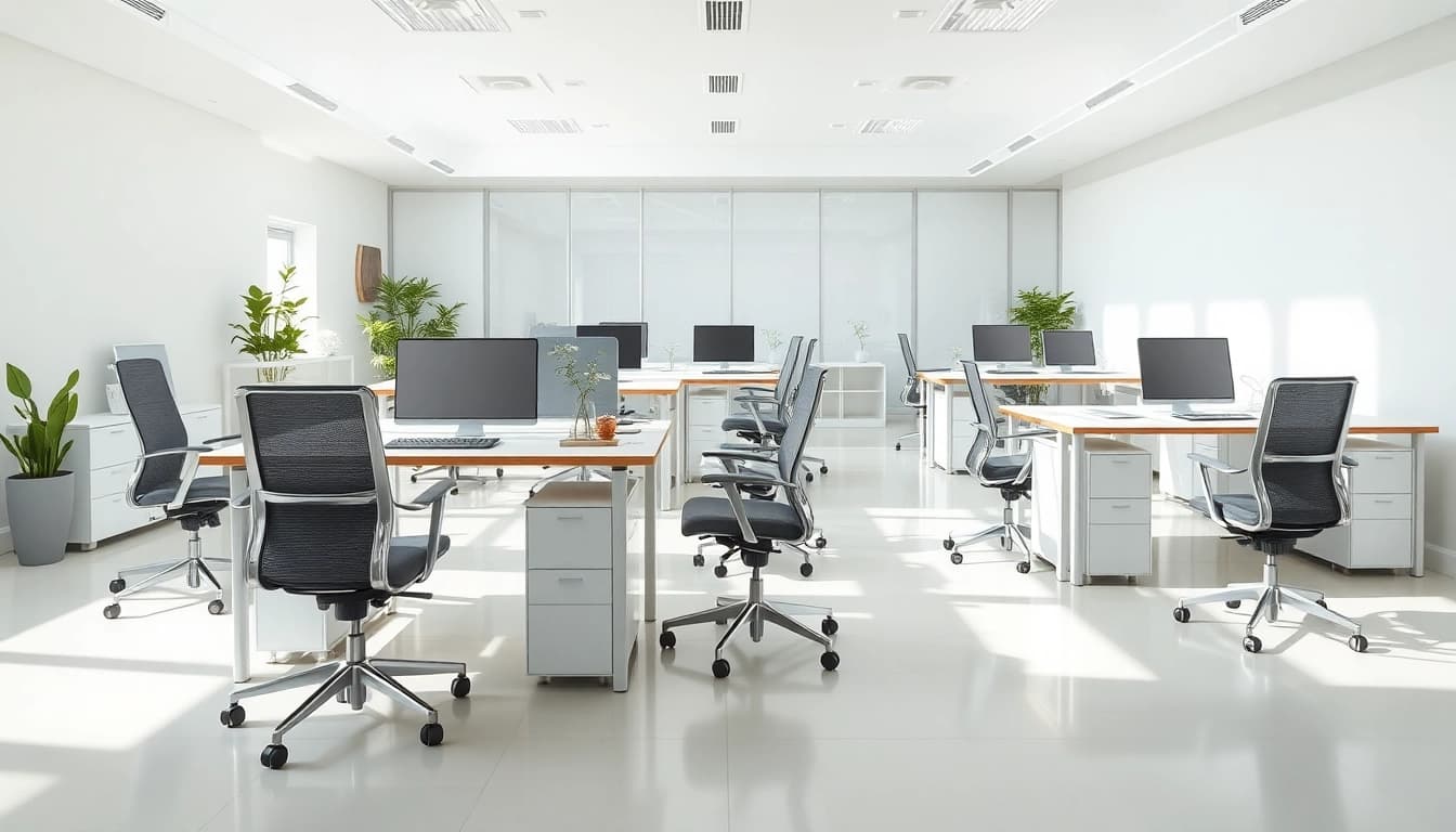 Showcasing modern office furniture with ergonomic design for comfort and productivity.