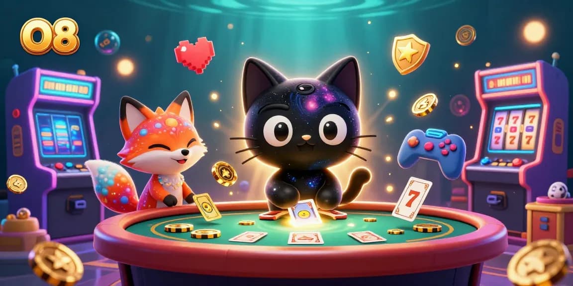O8 features a captivating cosmic casino scene with a black hole cat captivating chips and cards.