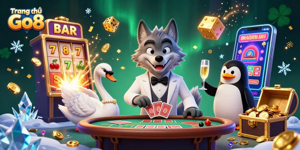 Experience excitement at Trang chủ Go8 with vibrant 3D casino scene featuring games and celebratory jackpots.
