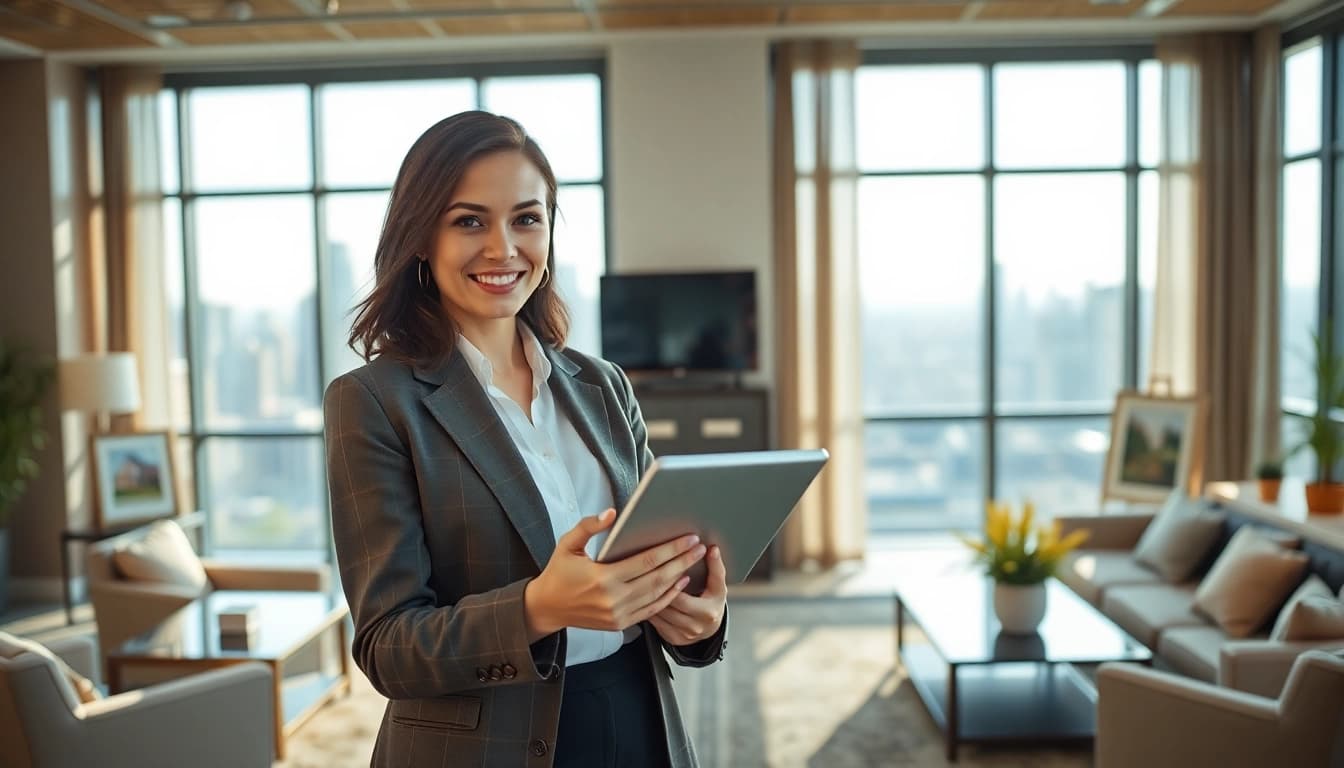 Guide prospective buyers in Real Estate consultations with a professional agent in a bright office.