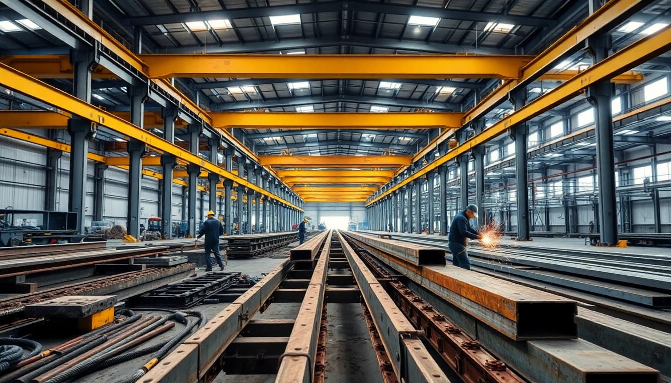 Workers engaged in structural steel fabrication with tools and steel beams in a busy workshop.
