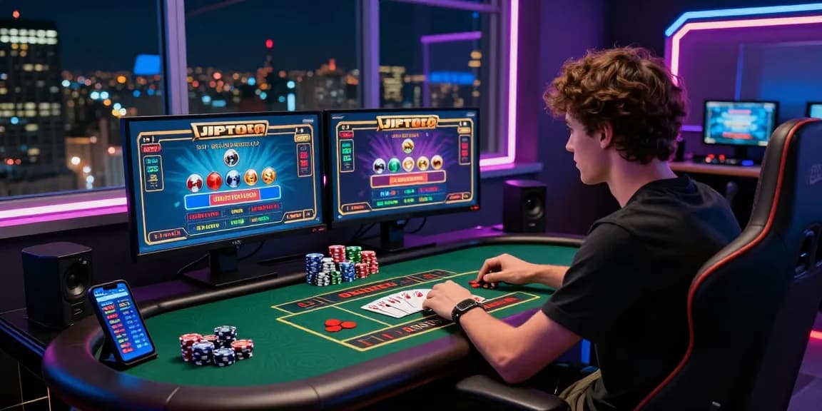 Player enjoying high-stakes betting on JPTOTO in a vibrant gaming environment with neon lights.