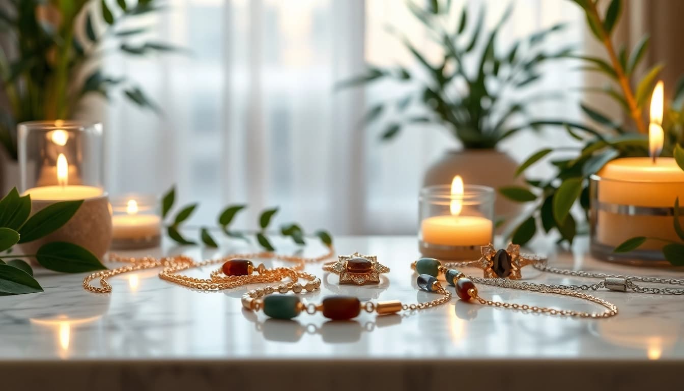 Showcasing spiritual jewelry with intricate designs and natural elements in a serene setting.