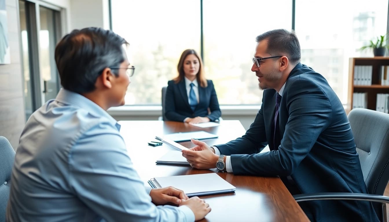 A Modesto accident lawyer assisting a client in a modern office setting.
