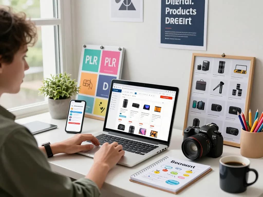 Buy PLR Products Online with vibrant e-commerce workspace scene featuring a laptop and creative product layout.