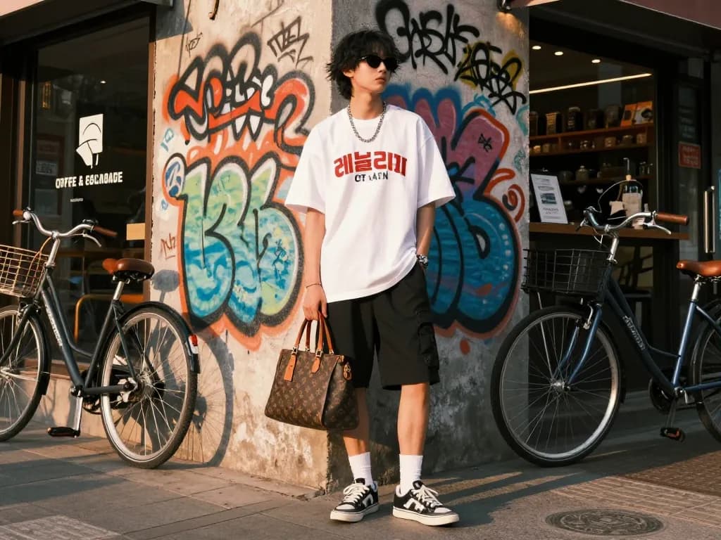 Stylish urban scene featuring a person in 레플리카 streetwear outfit showcasing a designer handbag.