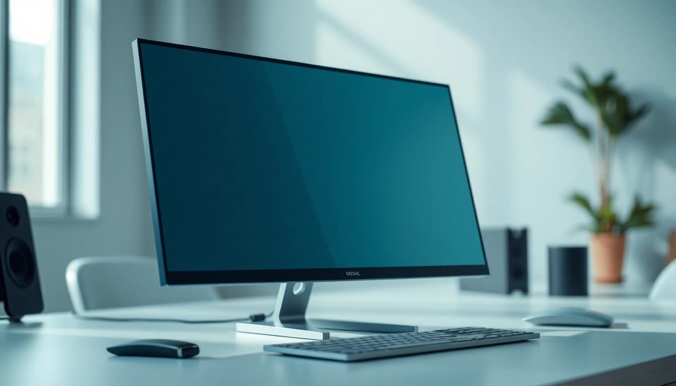 This image features a high quality lcd screen illuminated on a modern workstation, showcasing its vibrant colors and clarity.