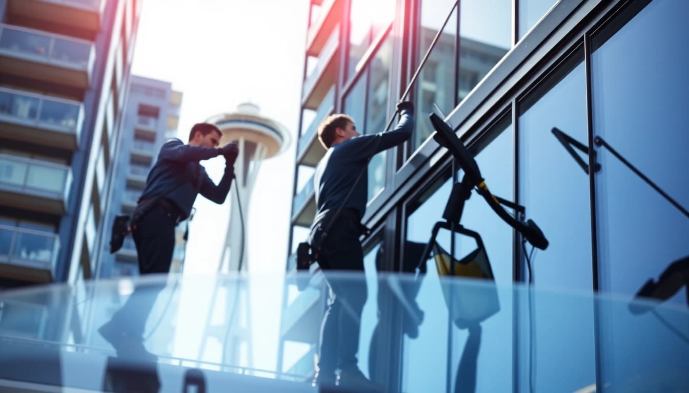 Seattle window cleaning service professionals ensuring spotless windows at a Seattle high-rise.