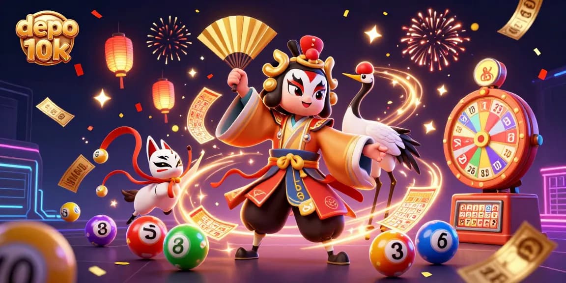 Engage with the thrilling world of depo 10k as colorful lottery balls and kabuki warriors collide in a vibrant casino scene.