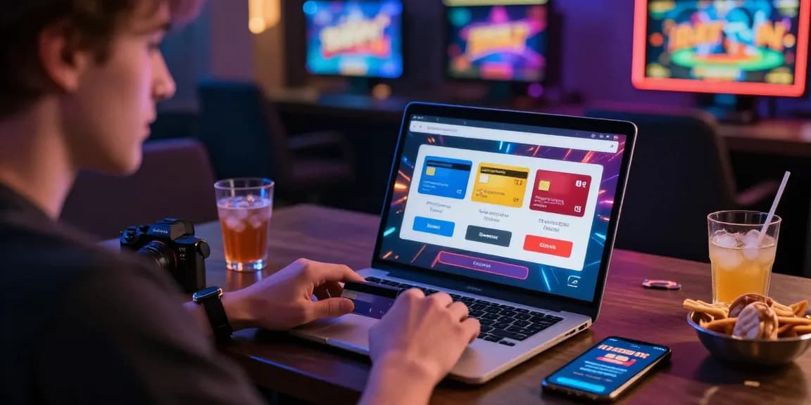 Excited UK player using credit card for online gaming at https://rwst.org.uk, showcasing vibrant casino graphics.