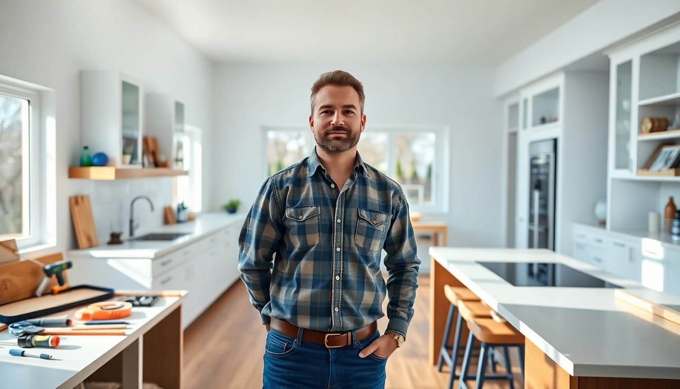 Remodeling Contractor evaluating a stylish kitchen design with modern features.