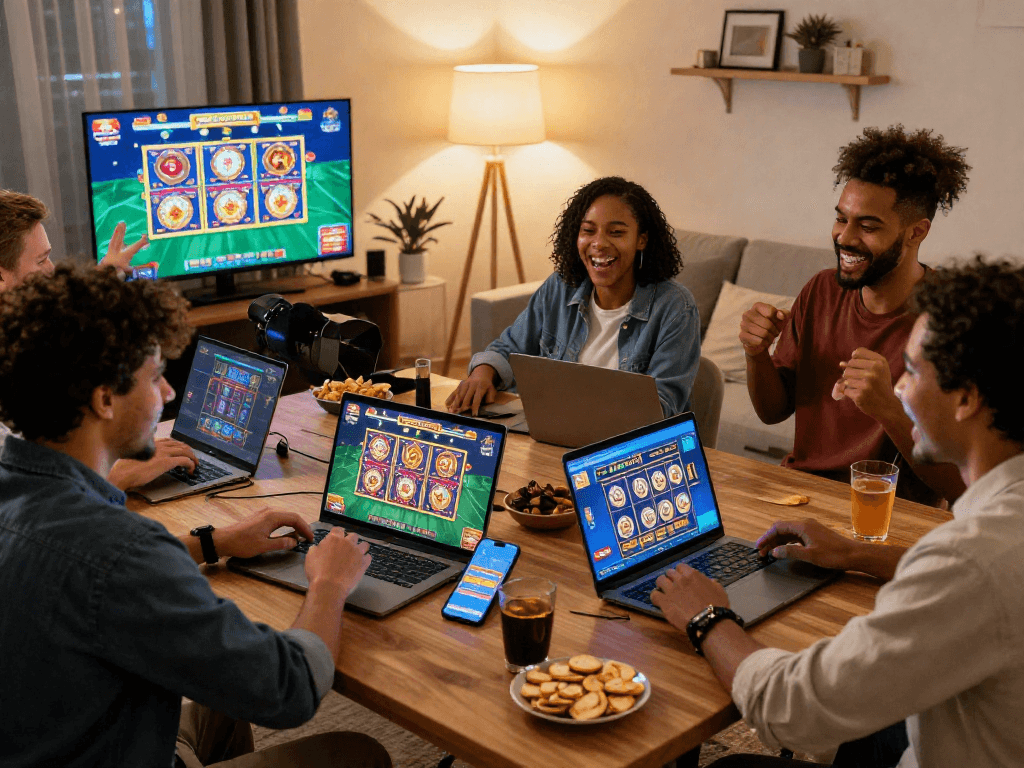 Friends enjoying a lively casino online gaming experience in a cozy setting.