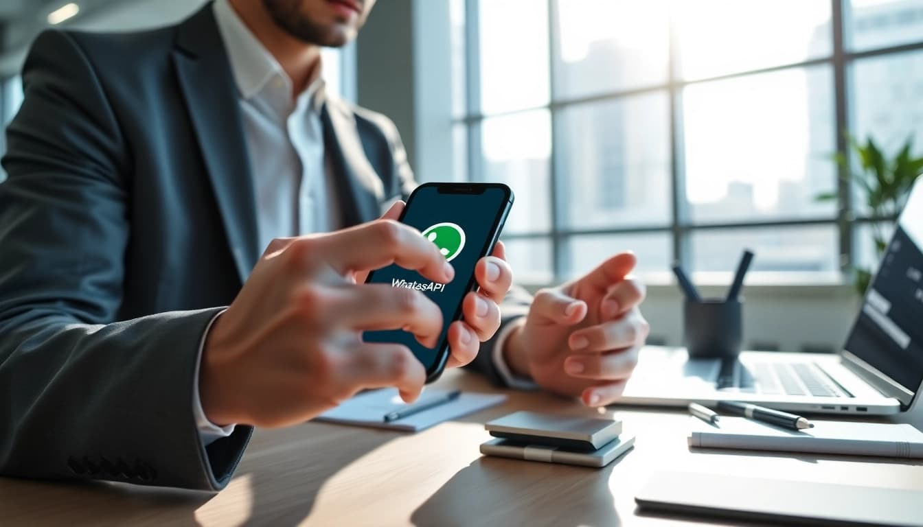 Engaging representation of WhatsApp API on a smartphone in a professional setting.