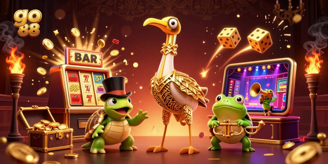 Experience the excitement of go 88 with a lively 3D casino scene featuring colorful game elements.