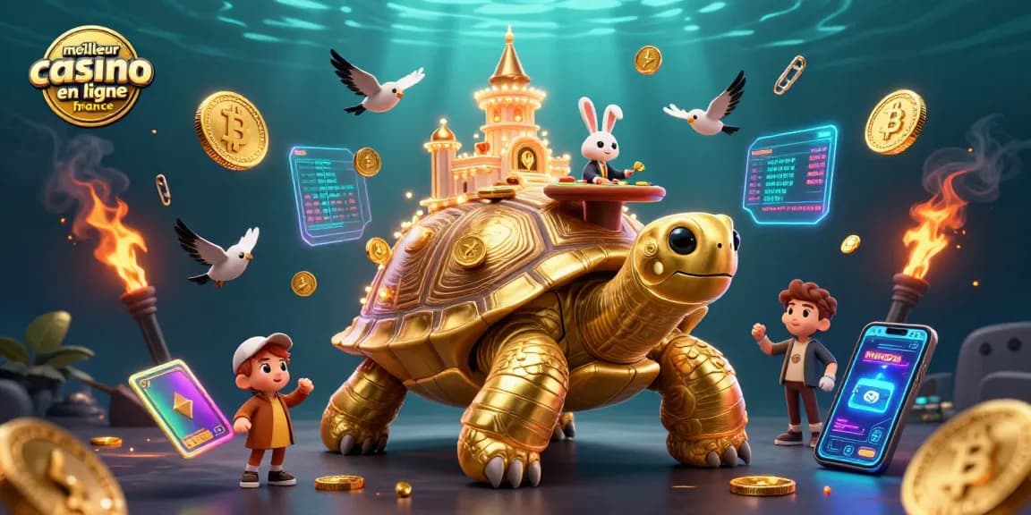 Illustration dynamique du meilleur casino en ligne France avec une tortue géante, un croupier et des pièces d'argent flottantes.