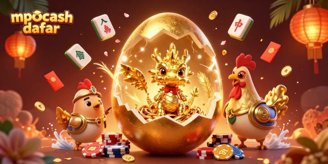 MPOCASH daftar showcases a vibrant 3D scene with golden egg, dragon, and gaming elements, inviting players to join