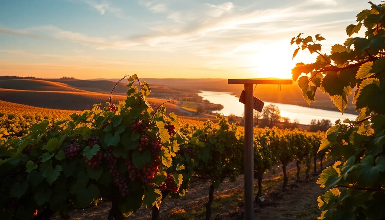Experience the serene beauty of Clarksburg wineries with rolling vineyards under a sunset.