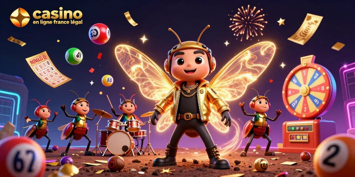 Découvrez le monde captivant du casino en ligne légal en France avec une scène dynamique et festive, remplie de jeux d'argent et de surprises.