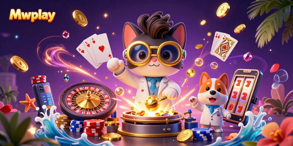Mwplay brings excitement with a 3D mad scientist cat crafting gold, surrounded by dazzling casino elements.