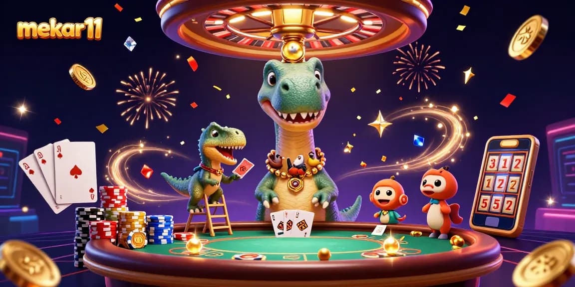 Mekar11 gaming action featuring a towering brontosaurus and a clever raptor at a vibrant casino table.