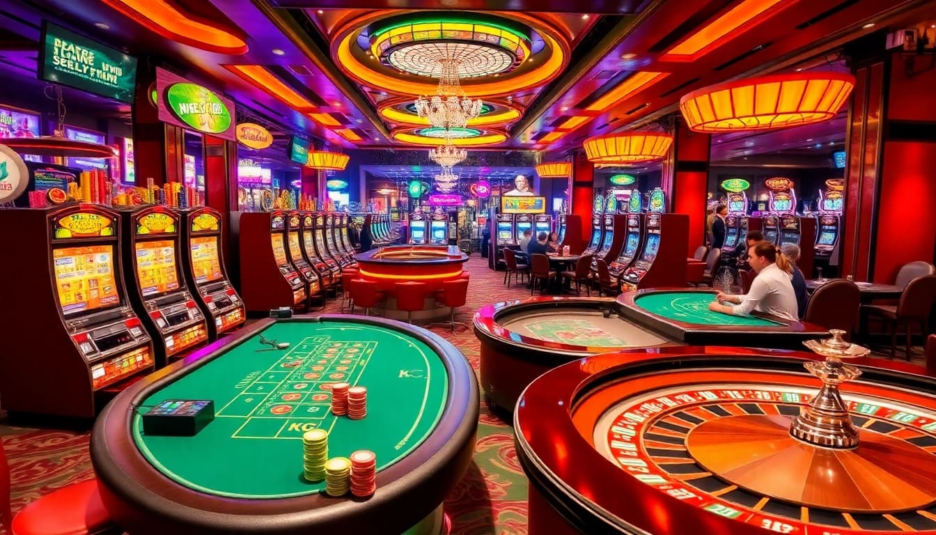 A vibrant casino scene showcasing exciting gambling activities at KJC AC 2, featuring tables, cards, and slot machines.