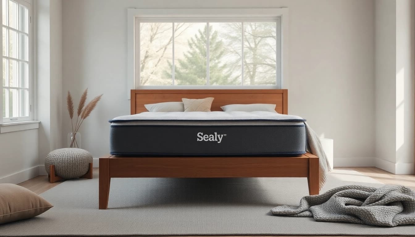 Showcasing a Sealy mattress in a box beautifully arranged on a cozy bed, elevating bedroom aesthetics.