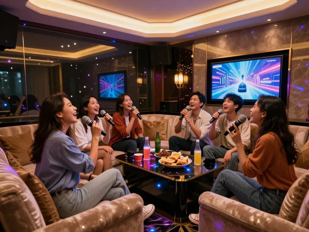 강남퍼펙트에서 친구들과 함께하는 고급스러운 분위기의 노래방 경험, 화려한 조명과 안락한 좌석이 특징입니다.