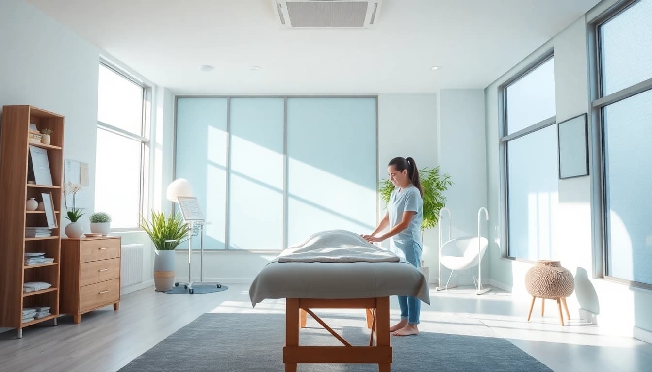 Physiotherapy session showcasing personalized care in a calming clinic environment.