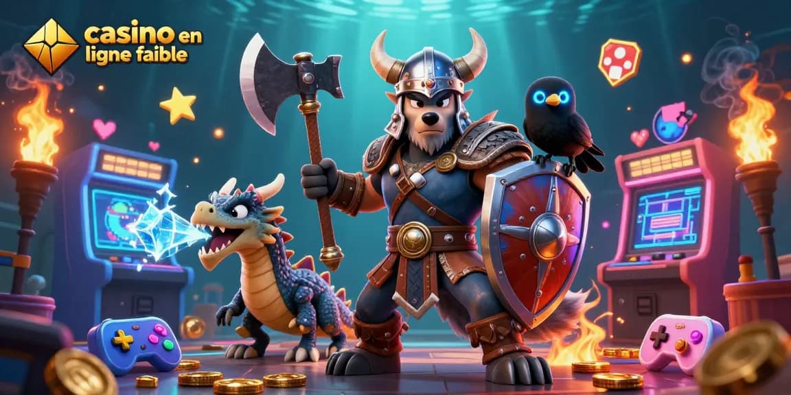 Gagnez au casino en ligne fiable avec des illustrations de guerriers et de dragons.