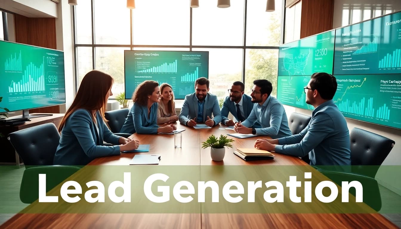 Team discussing lead generation strategies in a bright, modern office setting.
