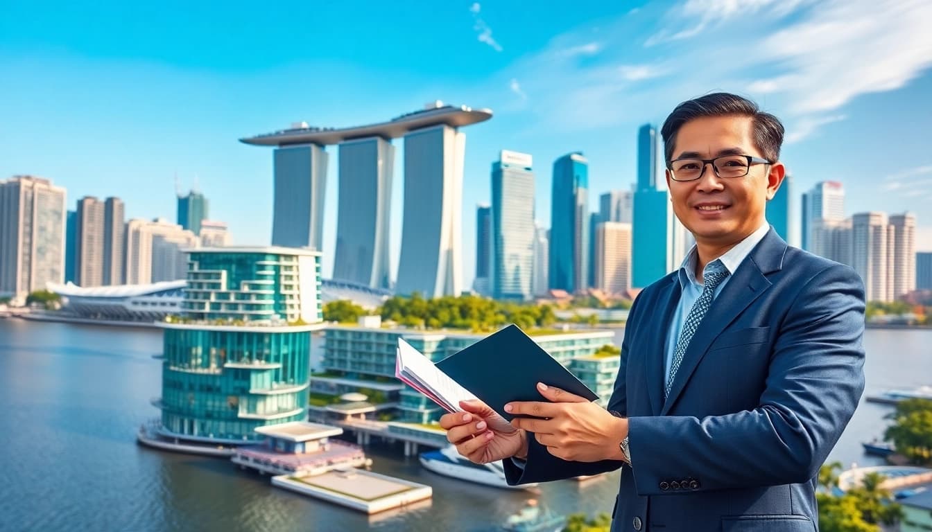 Showcase new launch condos at https://newdeveloperlaunch.sg with vibrant skyline backdrop and professional agent.