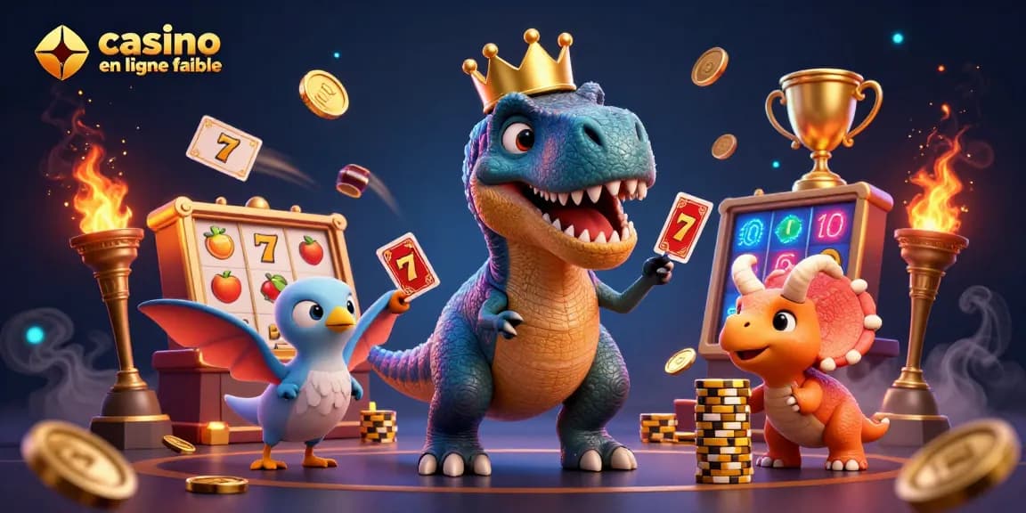 Illustration d'un T-Rex jouant aux cartes et un triceratops empilant des jetons à un casino en ligne fiable.
