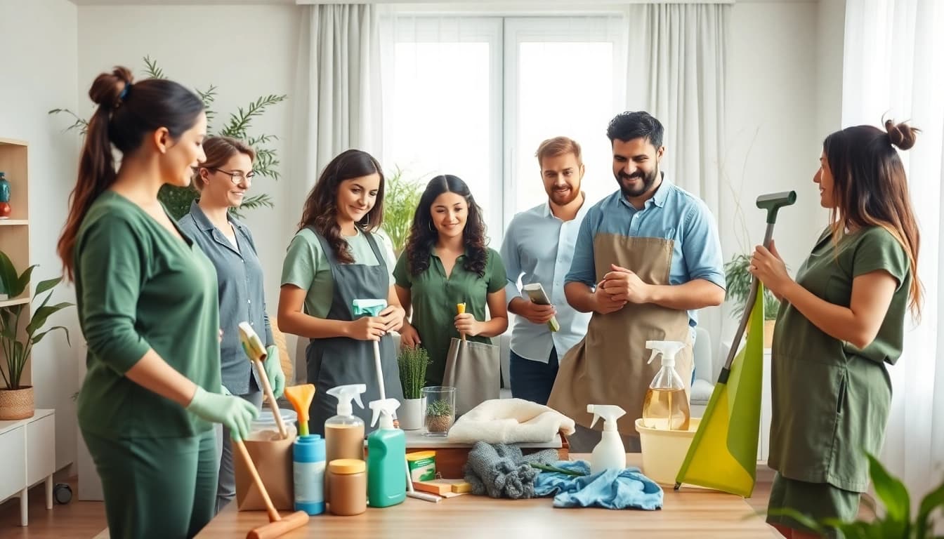 Highlighting Eco Clean Ellie's services with a professional cleaning team in a bright living room.
