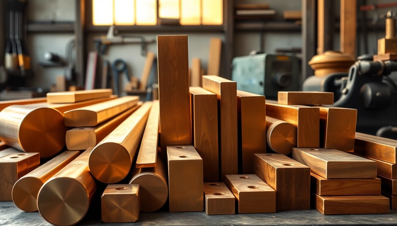 Bara bronz expusă într-o atelier industrial modern, prezentând diverse dimensiuni și forme de bare din bronz.