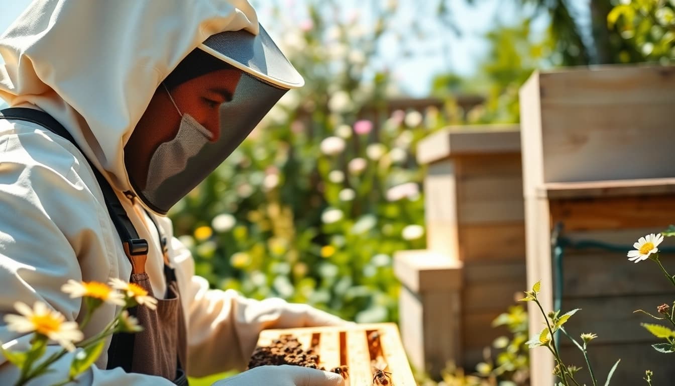 Engaging honey bee removal services where a technician safely and professionally removes a hive in a garden.