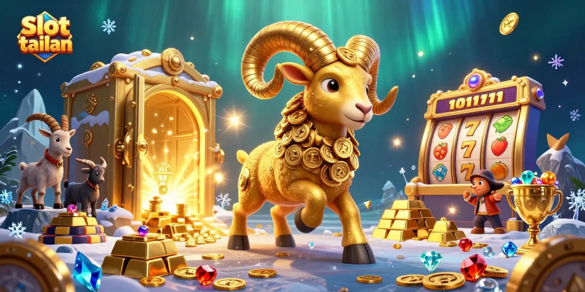 Experience thrilling gameplay at slot tailan with a dynamic illustration of golden ram and treasure.