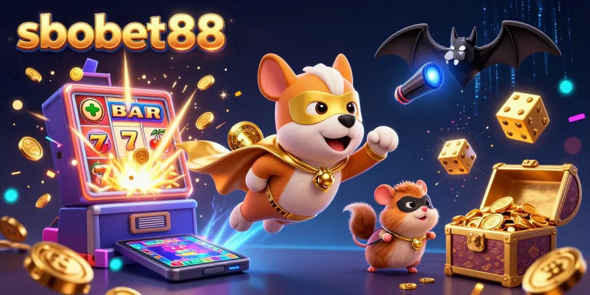 sbobet88 superhero dog and hamster championing casino fun amidst jackpot excitement and vibrant gaming elements.