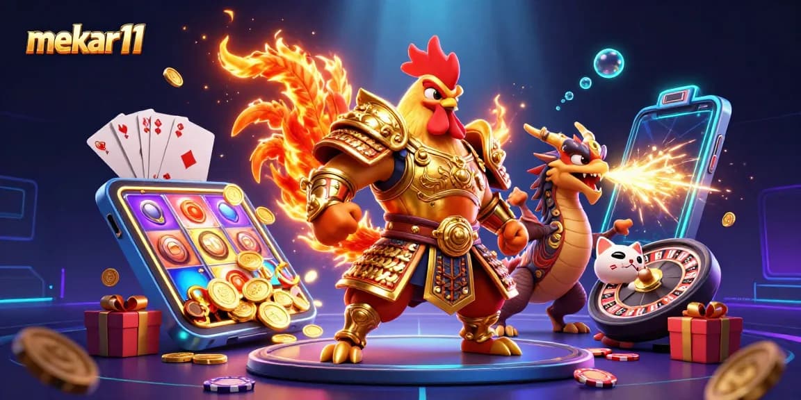 Experience the excitement of mekar11 through a dynamic 3D illustration featuring a fierce warrior and dragon in a bustling casino scene.