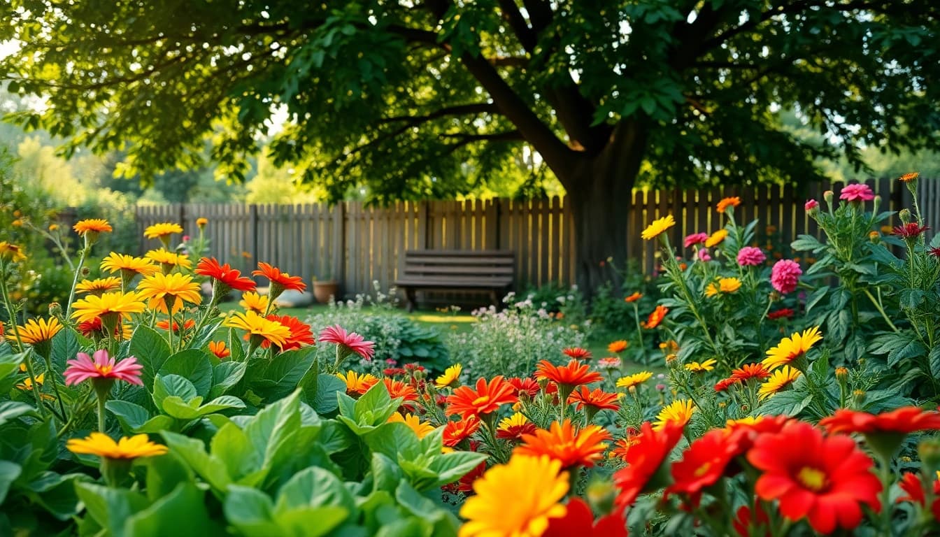 Gardening scene showcasing an array of vibrant flowers and vegetables in a sunlit garden.