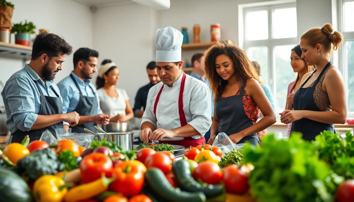 Engaged participants in a cooking class at dishfacts.com learning culinary skills with fresh ingredients.