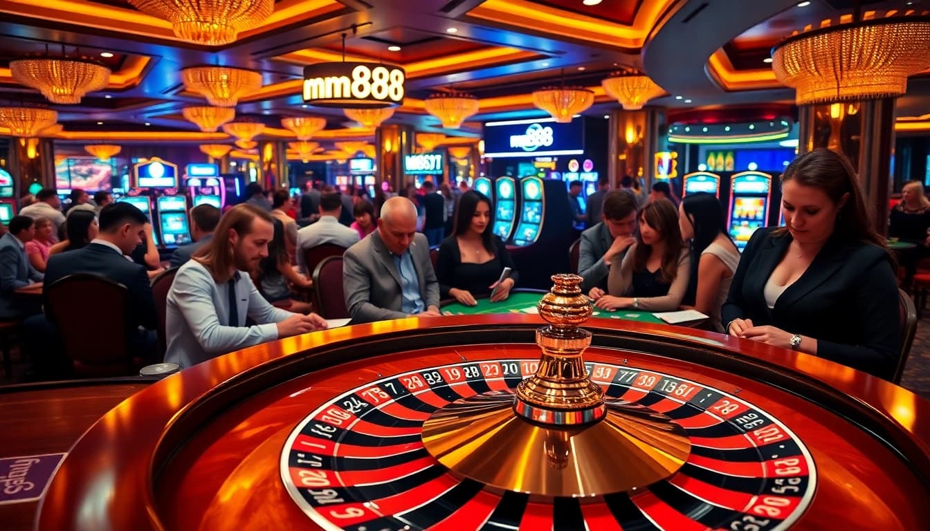mm888 captures the excitement of roulette with players eagerly placing bets at a glamorous casino table.