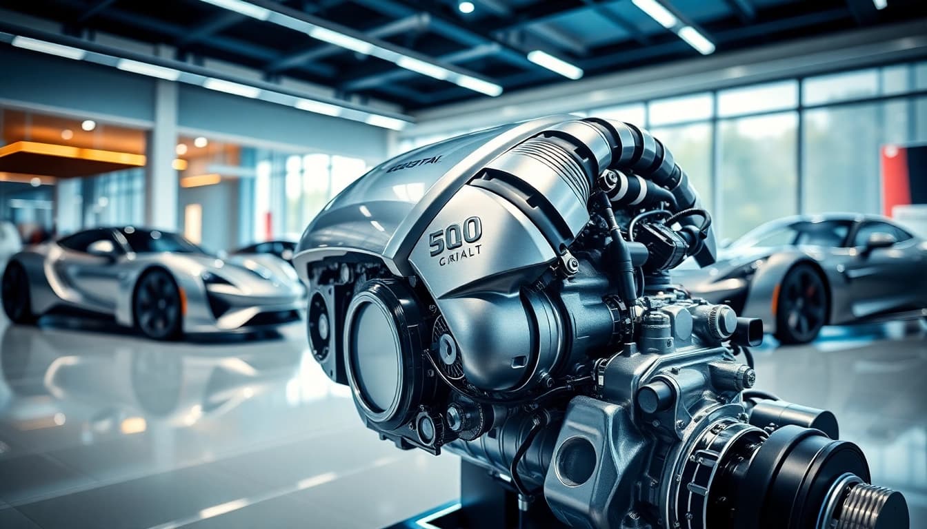 Showcasing Approved Engines with a cutting-edge design in a modern automotive showroom.