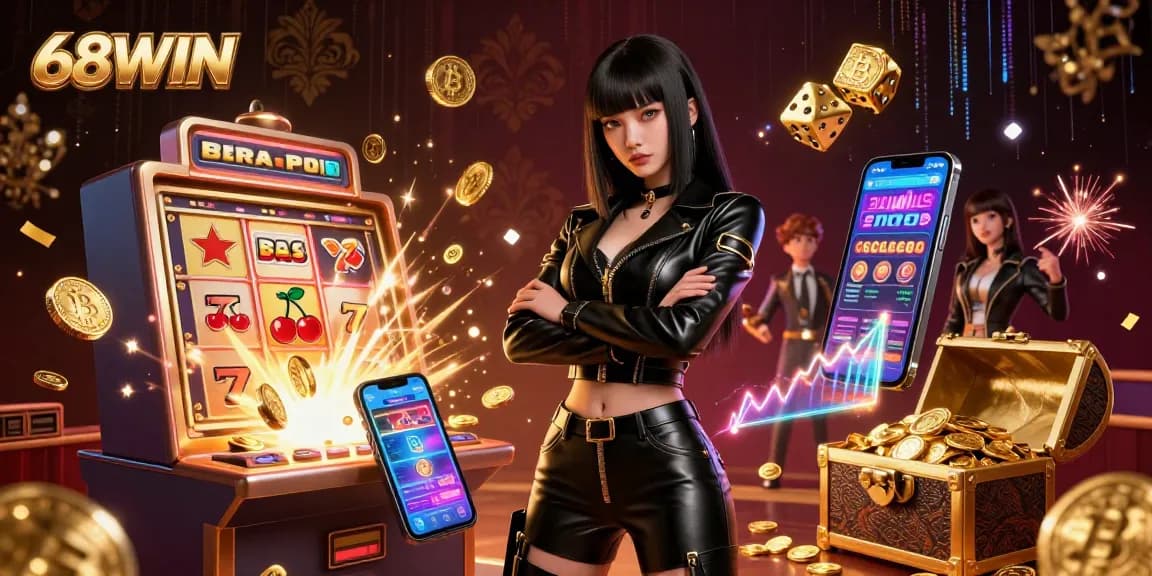 Engage with exciting gaming visuals at 68WIN featuring vibrant illustrations of slot machines, coins, and dynamic actions.