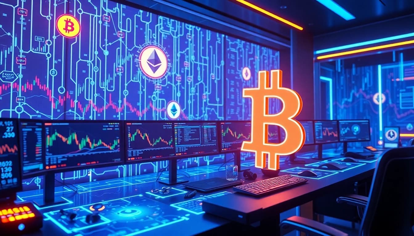 Bitcoin and cryptocurrency trading integrated within a secure blockchain network visualization, featuring digital wallets and analytical data.